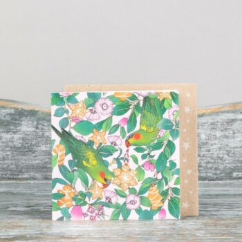 australian theme christmas card green pink yellow with parrots leaves and blossoms square medium size